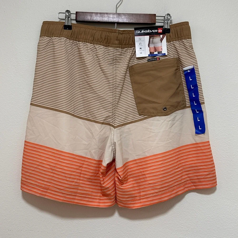 Quiksilver Swim Trunks Mens Large Tan Orange New Striped 7 Inseam Board Shorts